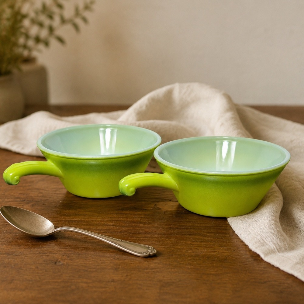 Vintage Fire King Green Ombre Handled Soup Bowls Set of 2 1960s Anchor Hocking